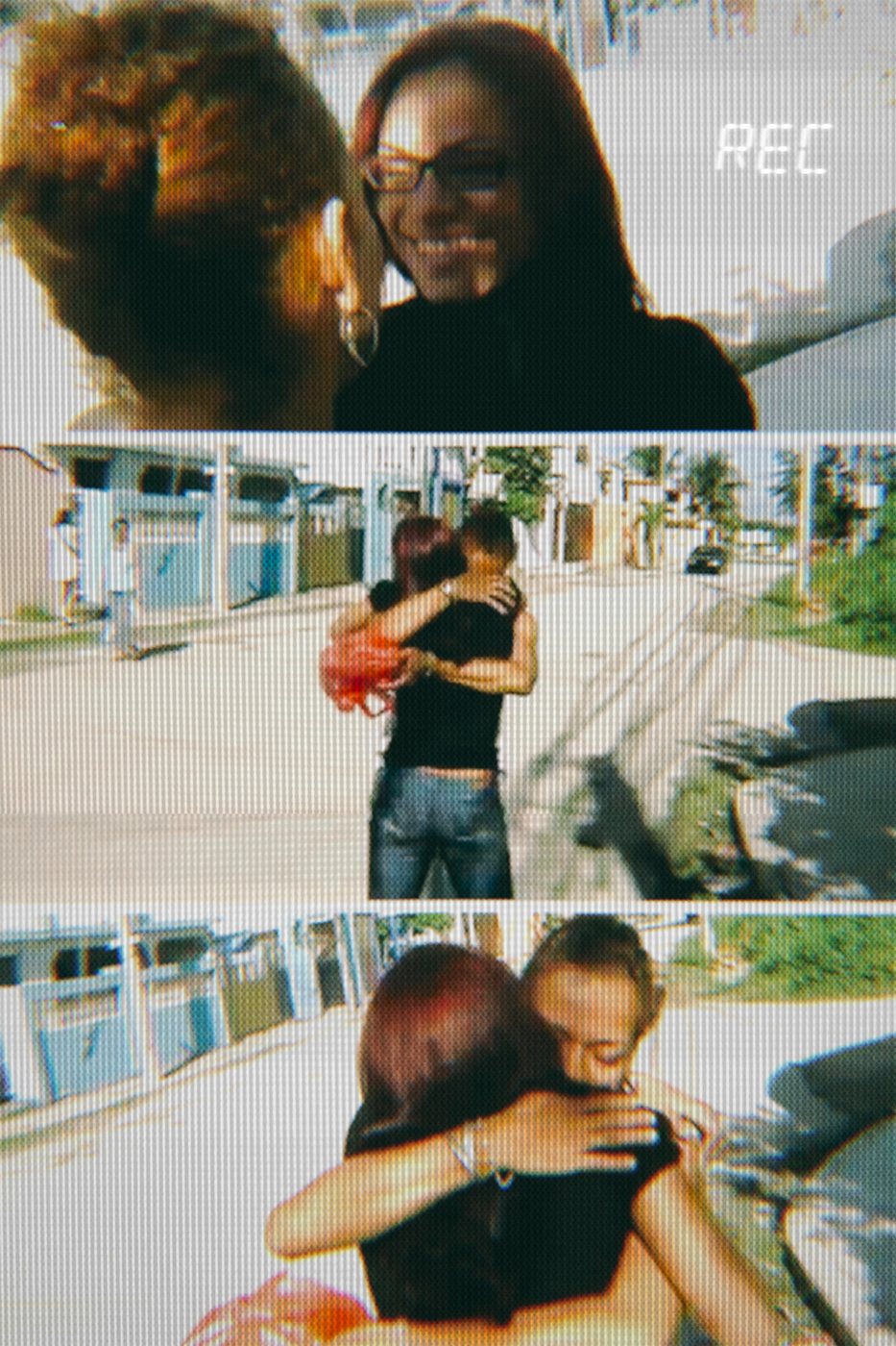 Three video stills of Amanda and her mother embracing on a Santo Domingo street, a REC timestamp in the corner.