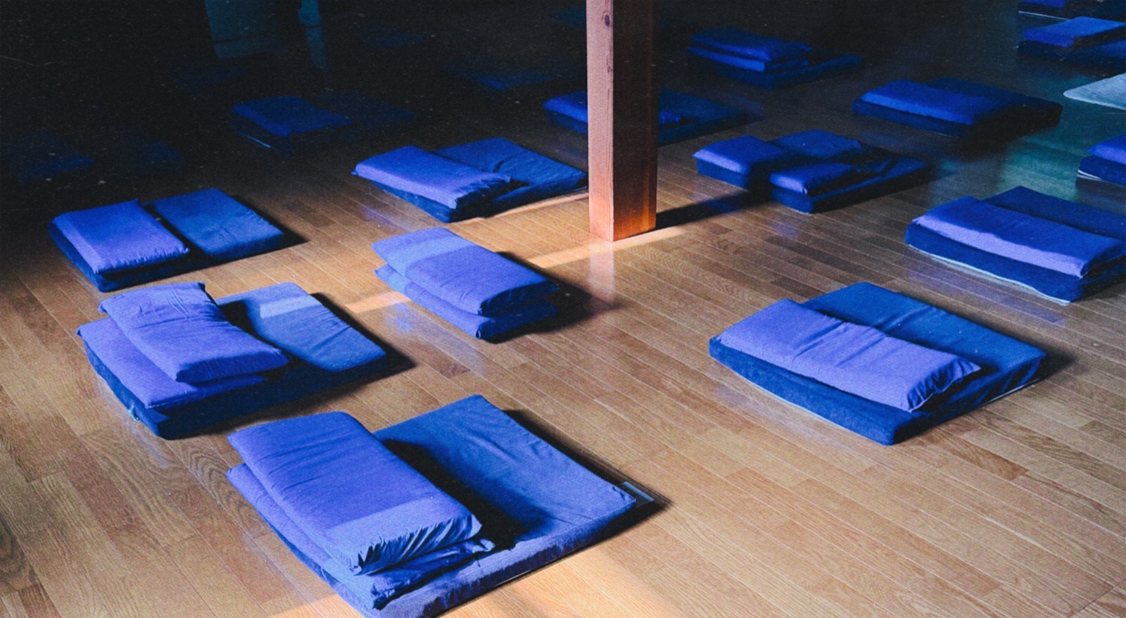 Rows of blue meditation cushions and mats laid out on a wooden floor in an empty meditation hall, lit by a shaft of daylight.