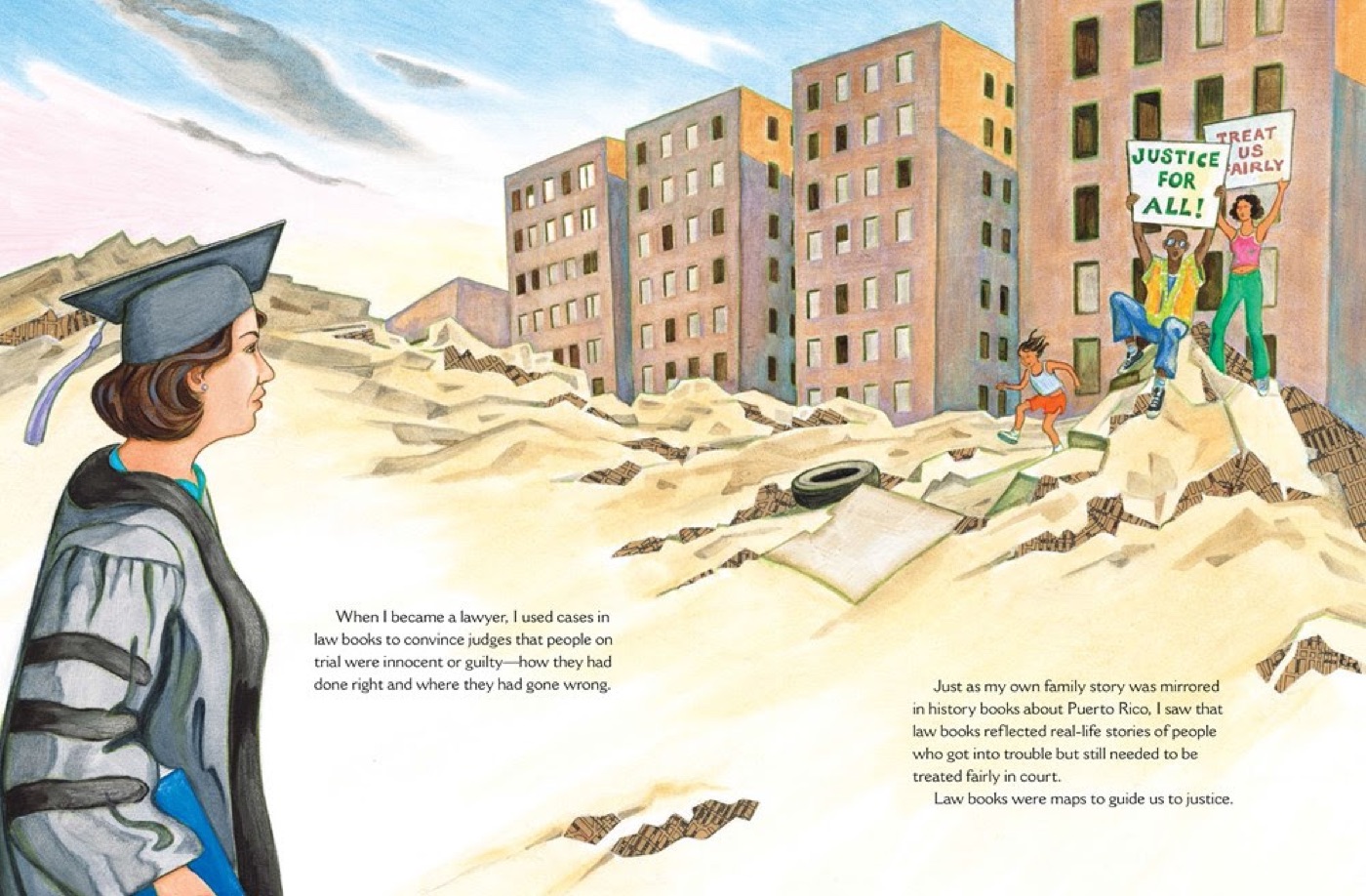 An illustration from Turning Pages by Lulu Delacre.